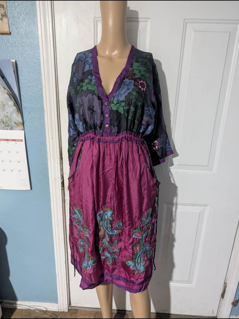 Johnny Was Purple Floral Mixed-Print V-Neck Midi Dress